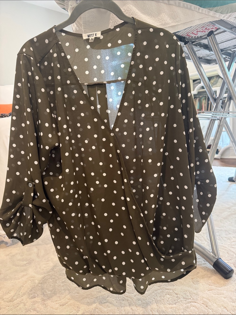 West K Olive Green Polka Dot Wrap-Front Blouse